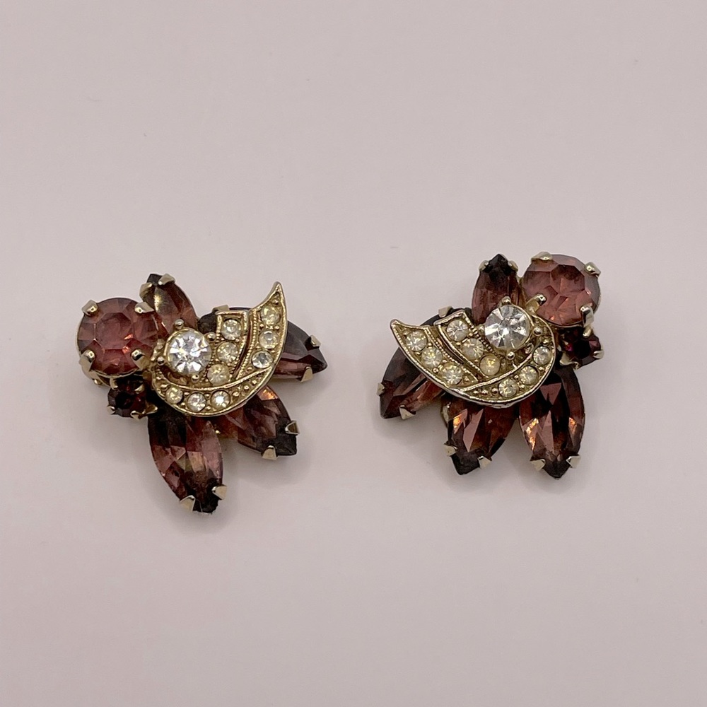ALBERT WEISS Vintage Purple and Gold Clip On Earrings SIGNED